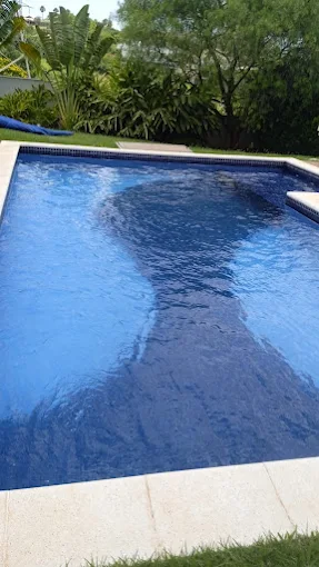Piscina azul profundo com jardim